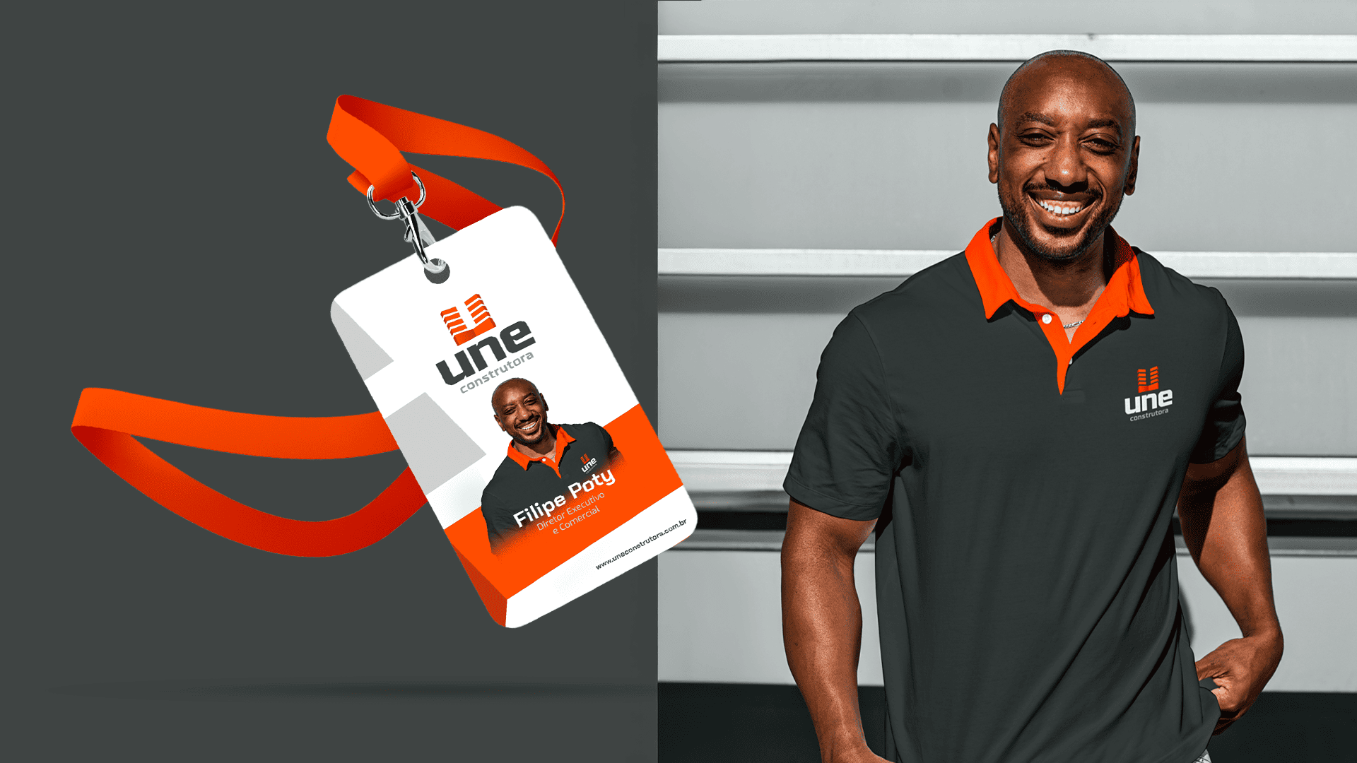 Uniformes e cracha Anson Anderson Melo Designer Gráfico Identidade Visual Social Media Logomarca Logo IDV Logotipo Une Construtora Construção civil obras reformas