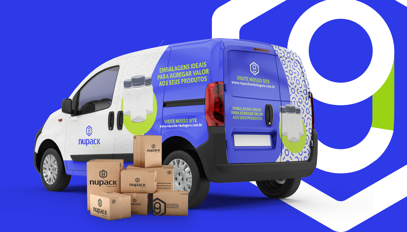 Carro adesivado e caixas Anderson Melo Designer Gráfico Identidade Visual Social Media Logomarca Logo IDV Nupack Embalagens